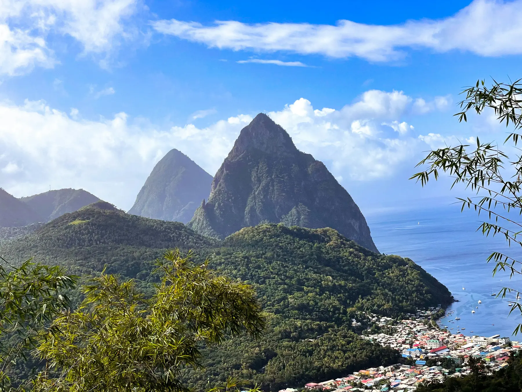 The Pitons mountains rising above the coast in Saint Lucia